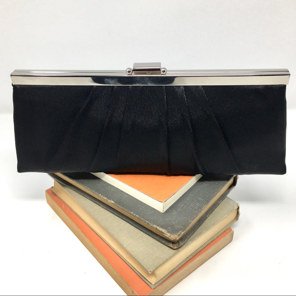 Jessica McClintock Black Satin Blaire Pleats Clutch Purse